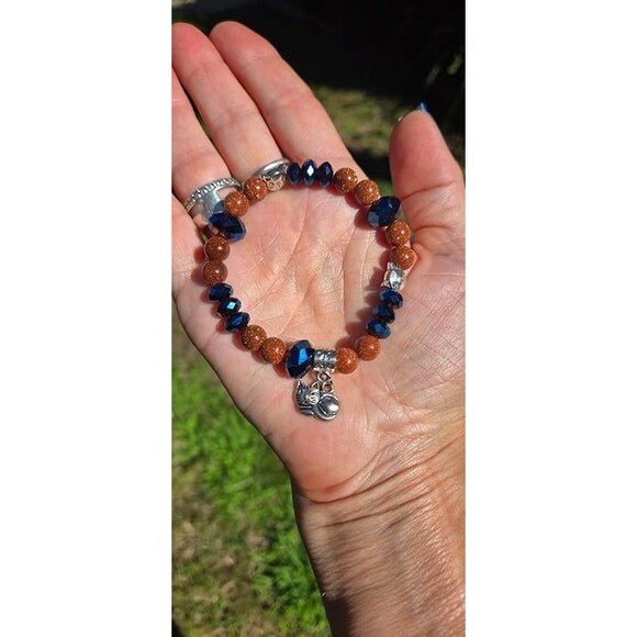Goldstone Gemstone Beads with Midnight Blue Beads and Cat Charms Bracelet - Picture 3 of 5